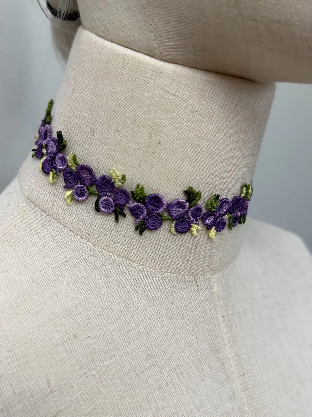Purple Floral Lace Choker Necklace Embroidered Flowers Cottagecore Coquette